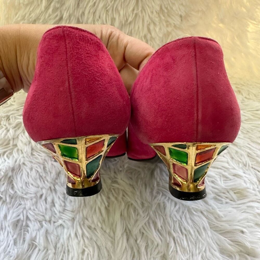 Escada Fuschia Suede Low Multicolored Heel Pumps Eclectic 80’s sz‎ 6B Vintage - Picture 2 of 8
